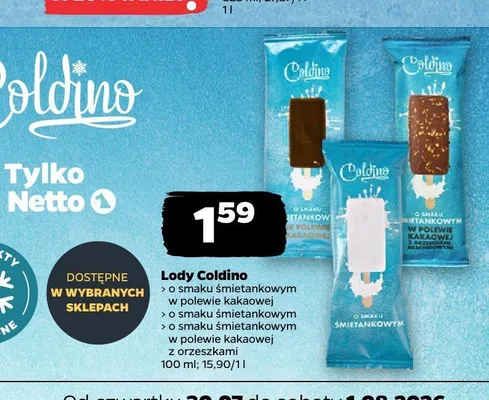 Lody na patyku Coldino o smaku śmietankowym w polewie kakaowej promocja w Netto