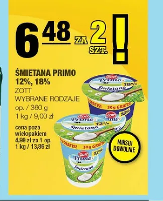 Śmietana Primo 12% Zott promocja w SPAR