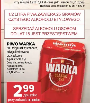 Piwo Warka standard 4-pak 500 ml promocja w Stokrotka