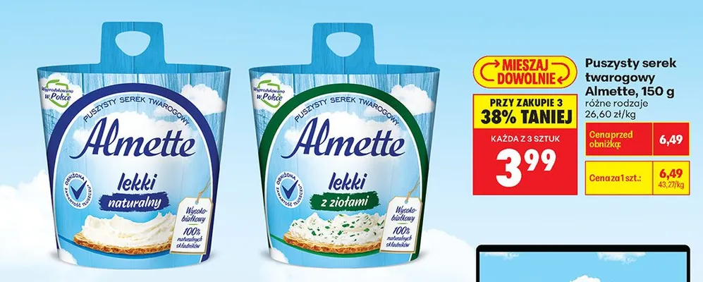 Puszysty serek twarogowy Almette lekki naturalny promocja w Biedronka
