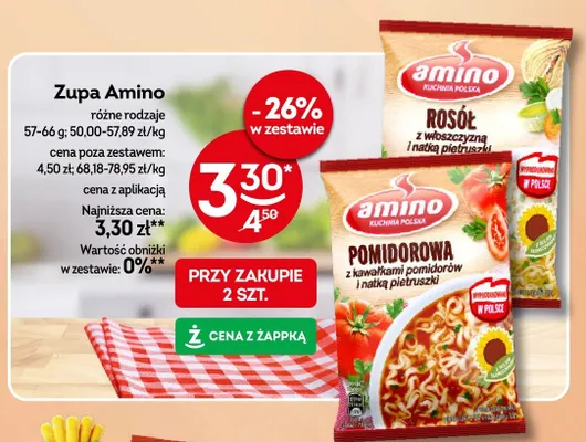 Zupa Amino pomidorowa z kawałkami pomidorów i natką pietruszki promocja w Żabka