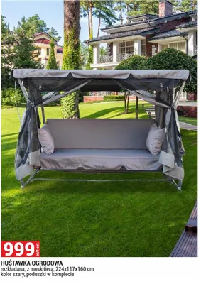 Huśtawka ogrodowa rozkładana z moskitierą 224x117x160cm kolor szary promocja w Merkury Market