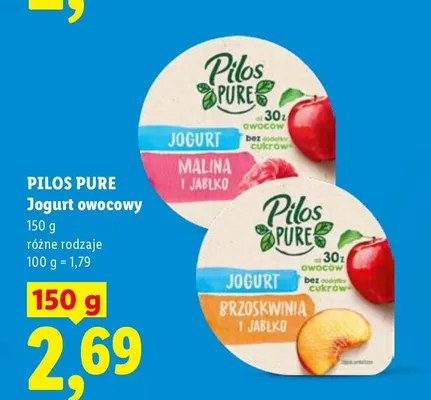 Jogurt owocowy brzoskwinia i jabłko Pilos Pure promocja w Lidl