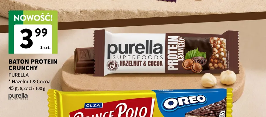 Baton proteinowy Hazelnut & Cocoa Purella Superfoods promocja w Intermarche