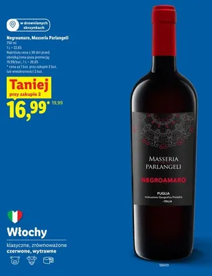 Wino czerwone Negroamaro Masseria Parlangeli promocja w Lidl