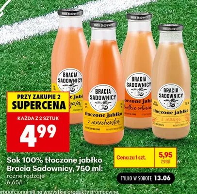 Sok 100% tłoczone jabłko słodkie odmiany Bracia Sadownicy promocja w Biedronka