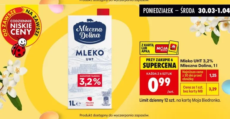 Mleko UHT 3,2%  promocja w Biedronka
