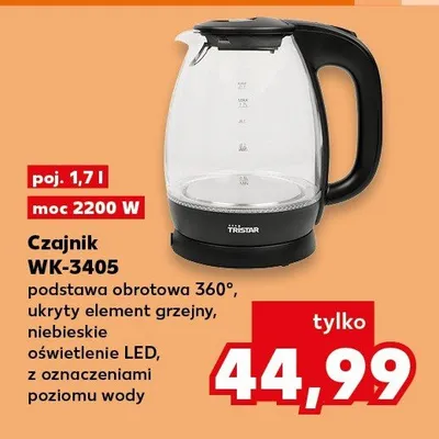 Czajnik podstawa obrotowa 360°, ukryty element grzejny, niebieskie oświetlenie LED, z oznaczeniami poziomu wody promocja w Kaufland