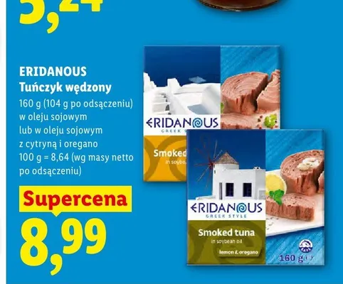 Tuńczyk wędzony w oleju sojowym z cytryną i oregano Eridanous promocja w Lidl