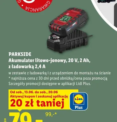 Akumulator litowo-jonowy PARKSIDE 20V 2Ah z ładowarką 2,4A promocja w Lidl