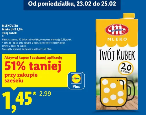 Mleko UHT 2,0% Twój Kubek promocja w Lidl
