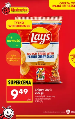 Chipsy o smaku frytek z sosem curry z orzeszkami ziemnymi promocja w Biedronka
