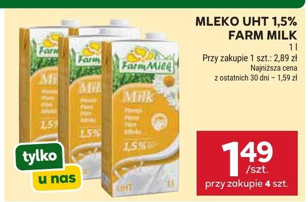 Mleko UHT 1,5% Farm Milk promocja w Stokrotka
