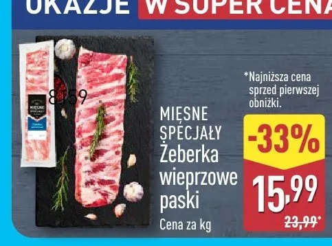 Mięsne specjały żeberka wieprzowe paski promocja w Aldi