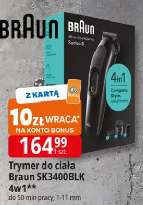 Trymer do ciała Braun SK3400BLK 4w1 do 50 min pracy 1-11mm promocja w Leclerc