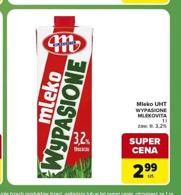 Mleko UHT Wypasione Mlekovita 3,2% promocja w Carrefour Express