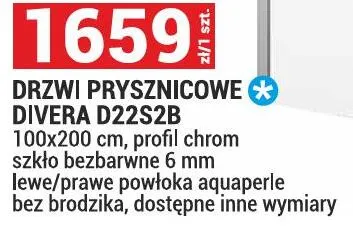 Drzwi prysznicowe Ronal Divera D22S2B 100x200cm profil chrom szkło bezbarwne 6mm lewe/prawe powłoka aquaperle bez brodzika promocja w Merkury Market