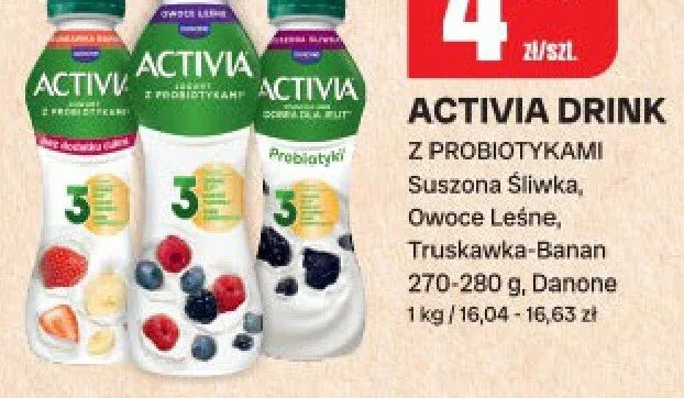 Activia drink z probiotykami: Suszona śliwka, Owoce leśne, Truskawka-Banan promocja w Chorten