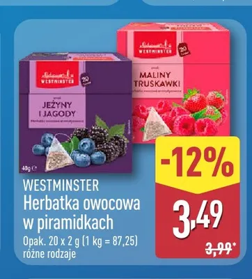 Herbatka owocowa w piramidkach maliny truskawki Westminster promocja w Aldi