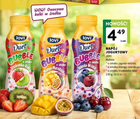 Napój jogurtowy Jovi Duet Bubble o smaku jagoda-wiśnia promocja w Intermarche