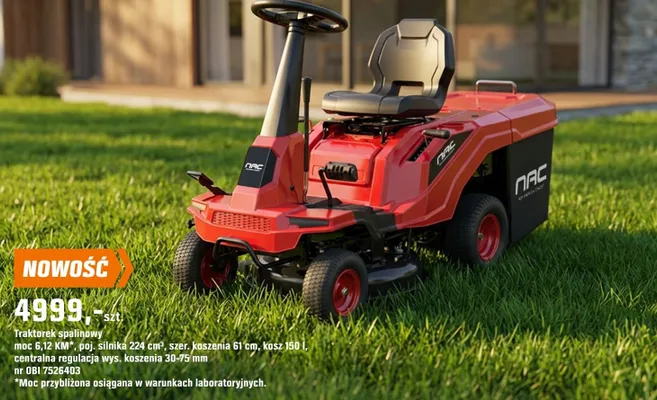 Traktorek spalinowy moc 6,12 KM, poj. silnika 224 cm³, szer. koszenia 61 cm, kosz 150 l, centralna regulacja wys. koszenia 30-75 mm promocja w OBI