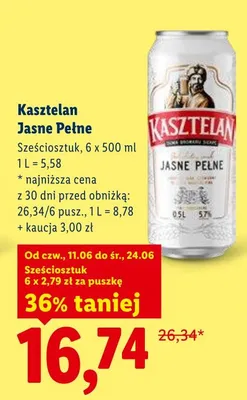 Piwo Kasztelan Jasne Pełne 6-pak promocja w Lidl