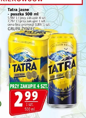 Piwo Tatra Jasne Pełne puszka promocja w Prim Market