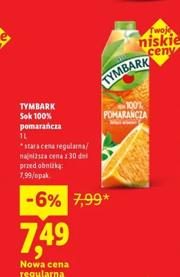 Sok pomarańcza Tymbark 100% promocja w Lidl