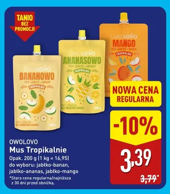Mus Tropikalnie jabłko-mango Owolovo promocja w Aldi