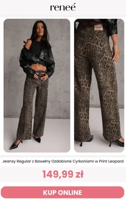 Jeansy regular z bawełny ozdobione cyrkoniami w print leopard Renee promocja w Renee