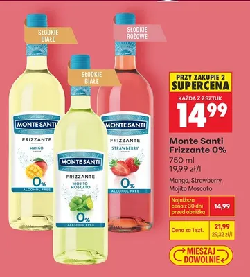 Wino bezalkoholowe, musujące Frizzante 0% Mango, Strawberry, Mojito Moscato promocja w Biedronka
