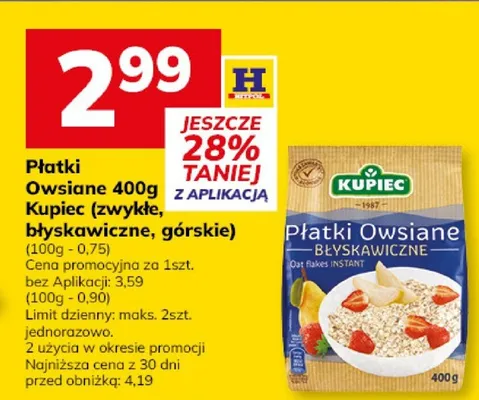 Płatki owsiane 400g Kupiec (tradycyjne, błyskawiczne, górskie) promocja w Hitpol