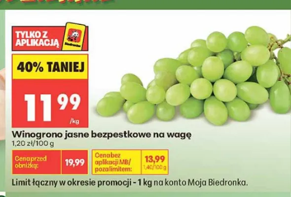 Winogrono jasne bezpestkowe na wagę promocja w Biedronka