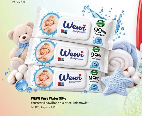Chusteczki nawilżane dla dzieci i niemowląt Wewi Pure Water 99% promocja w Drogerie Polskie