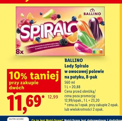 Lody Spiralo w owocowej polewie na patyku Ballino 8-pak promocja w Lidl