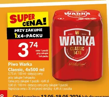 Piwo Warka Classic 4-pak 500ml promocja w Twój Market