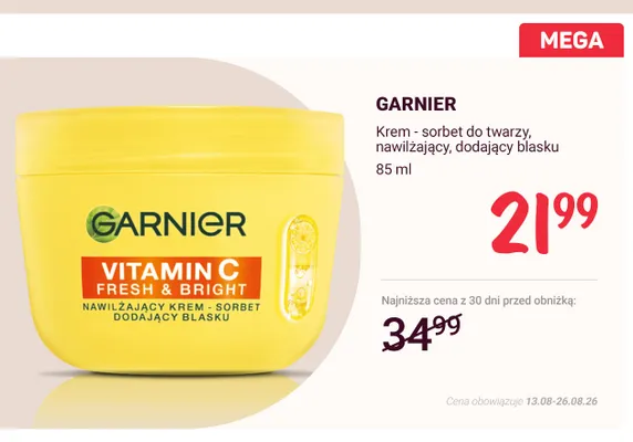 Krem - sorbet do twarzy nawilżający dodający blasku Garnier Vitamin C Fresh & Bright promocja w Rossmann