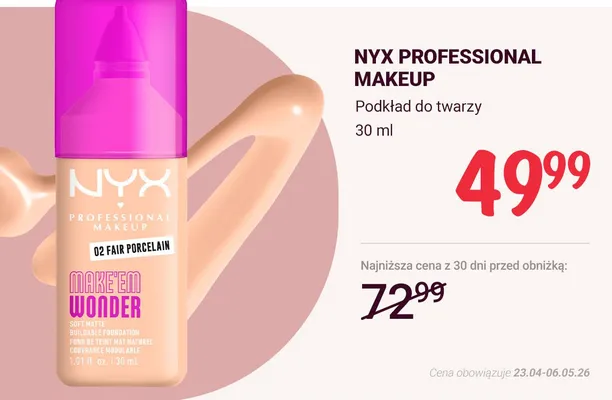 Podkład do twarzy NYX Professional Makeup Make'em Wonder Soft Matte 02 Fair Porcelain promocja w Rossmann