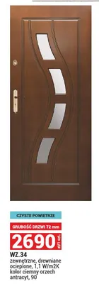 Drzwi WZ 34 zewnętrzne, drewniane ocieplone, 1,1 W/m2K kolor ciemny orzech antracyt, 90 promocja w Merkury Market