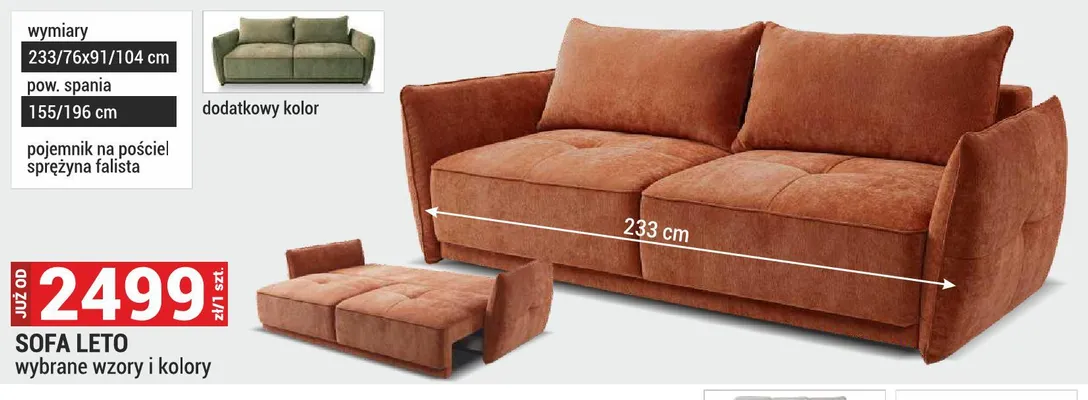Sofa Leto wymiary 233/76x91/104cm pow. spania 155/196cm pojemnik na pościel sprężyna falista promocja w Merkury Market