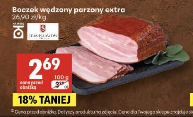 Boczek wędzony parzony extra Stanisławów promocja w Delikatesy Centrum