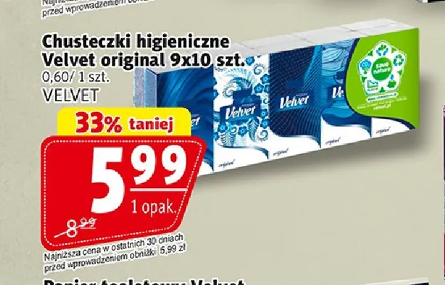 Chusteczki higieniczne Velvet Original 9-pak 10 szt promocja w Prim Market