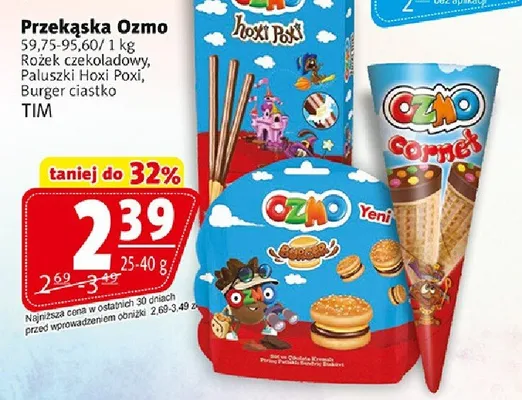 Przekąska Ozmo różek czekoladowy, Paluszki Hoxi Poxi, Burger ciastko promocja w Prim Market