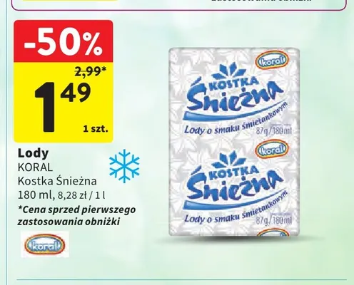 Lody Kostka Śnieżna o smaku śmietankowym promocja w Intermarche