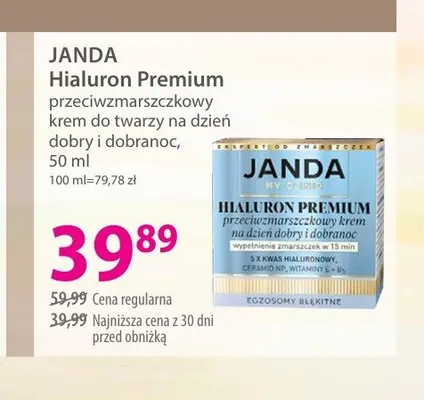 Przeciwzmarszczkowy krem do twarzy na dzień dobry i dobranoc JANDA Hialuron Premium promocja w Hebe