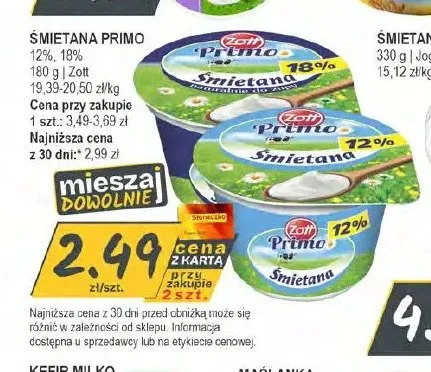 Śmietana Primo 18% Zott promocja w Słoneczko