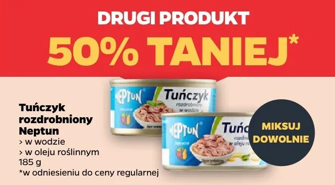 Tuńczyk rozdrobniony w wodzie lub oleju roślinnym DRUGI -50% Neptun promocja w Netto