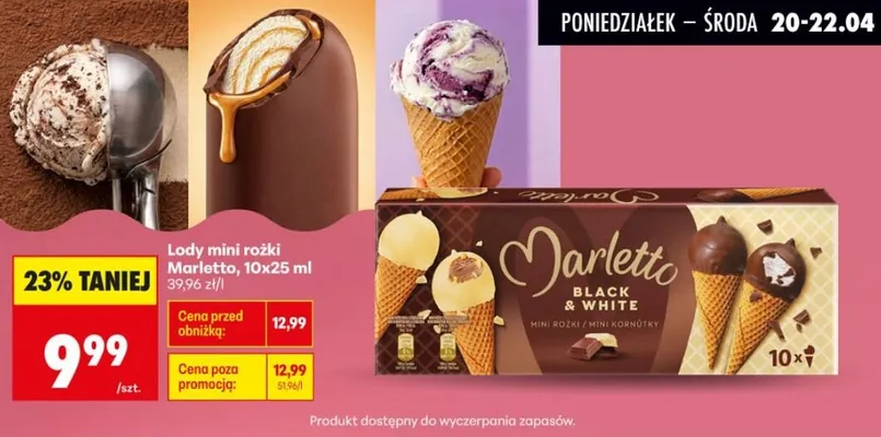 Lody mini rożki Black & White promocja w Biedronka