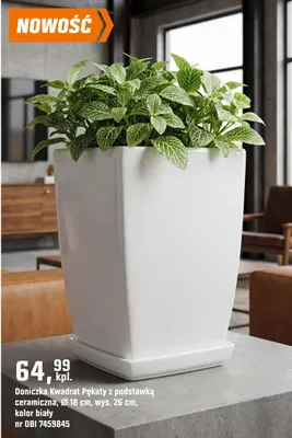 Doniczka Kwadrat Pękaty z podstawką ceramiczna, Ø 18 cm, wys. 26 cm, kolor biały OBI promocja w OBI