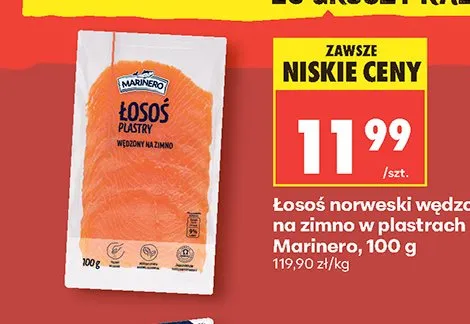 Łosoś norweski wędzony na zimno w plastrach Marinero promocja w Biedronka